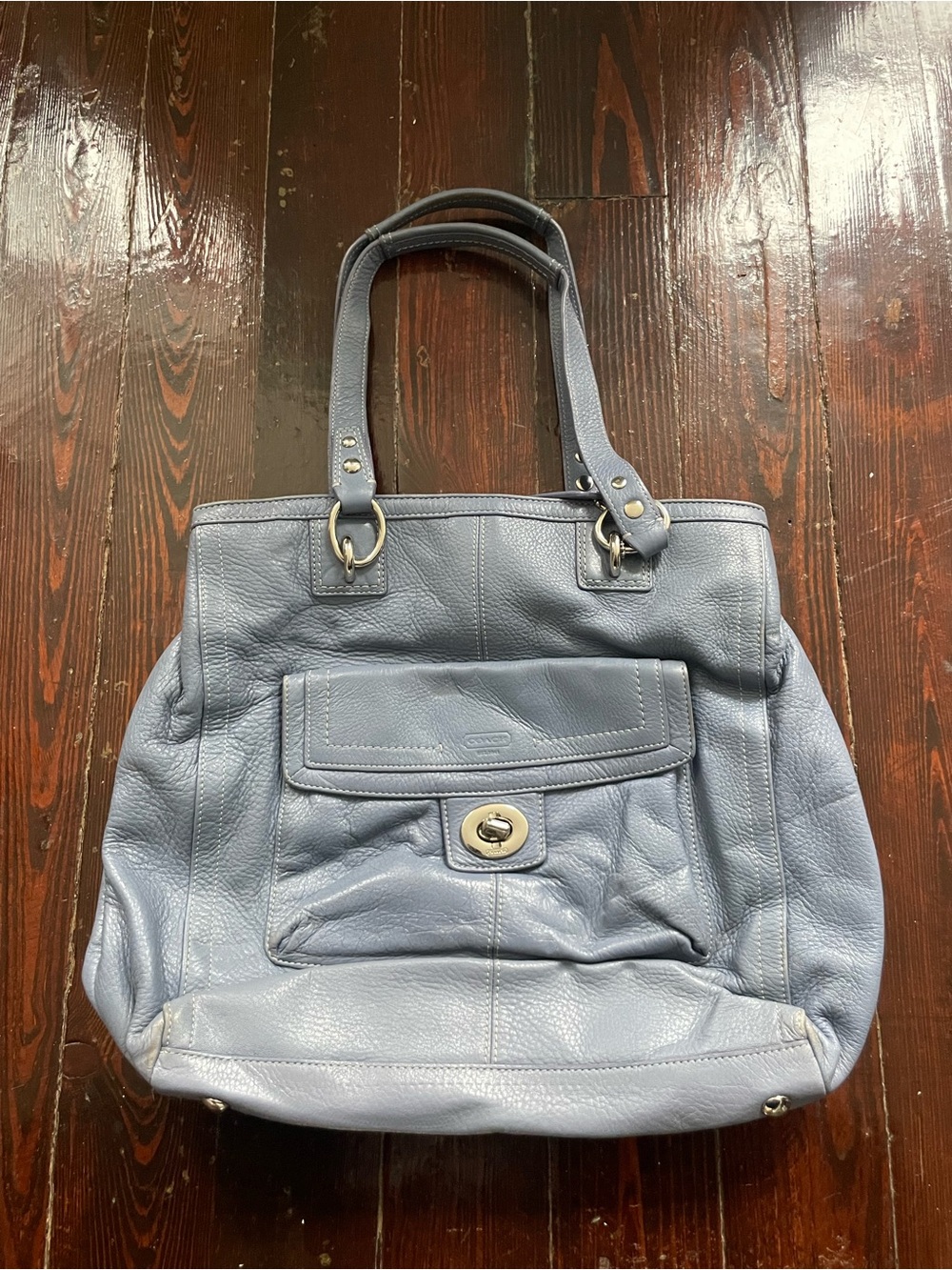 Coach Light Blue Pebbled Leather Tote with Front Turn-Lock Pocket